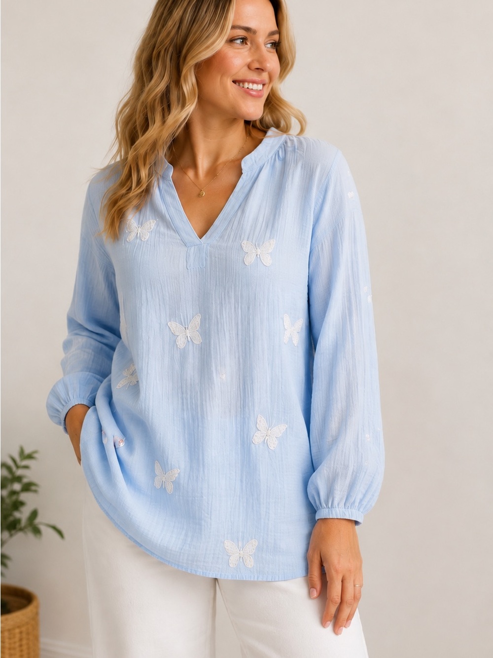 Studio West S Blue Cotton Gauze Embroidered Butterfly Boho Tunic Blouse